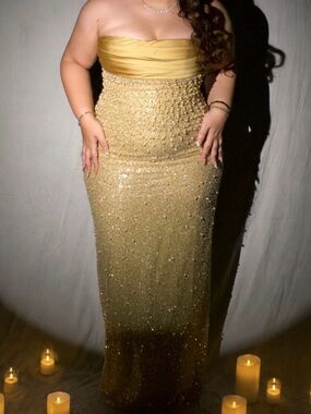 Miss Circle Lainey Gold satin sequin pearls beaded maxi dress